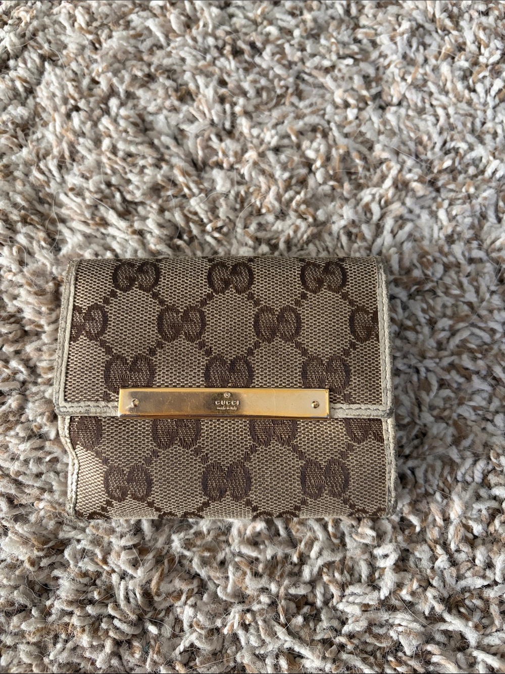 Gucci Brown Beige Monogram Canvas Compact Wallet with Gold Plate